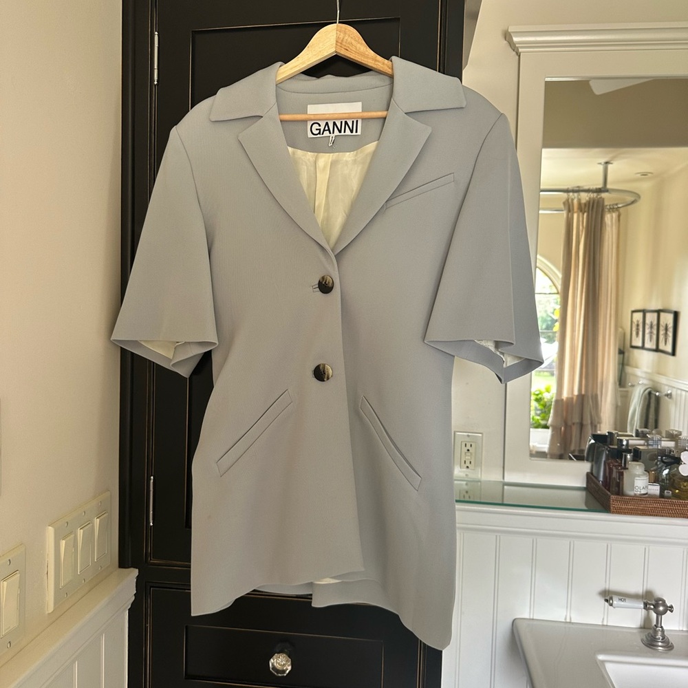 Ganni Women’sPowder Blue Blazer with Cream Lining and  trousers as a suit.